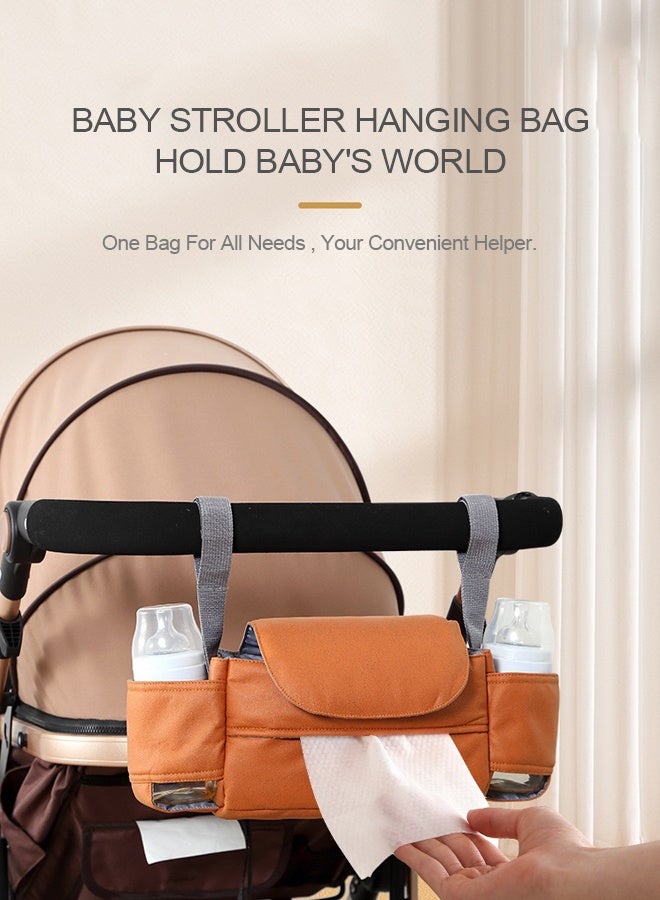 Universal Stroller Organizer Bag With Anti Leak Bottle Holders And Tissue Dispenser Orange Tech Fabric Multifunctional Hanging Storage - Image 3