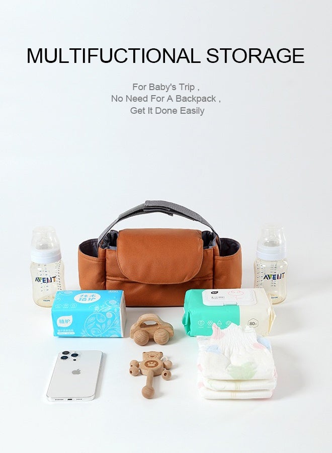 Universal Stroller Organizer Bag With Anti Leak Bottle Holders And Tissue Dispenser Orange Tech Fabric Multifunctional Hanging Storage - Image 5
