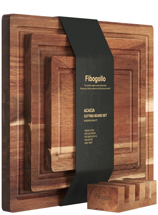 Fibogollo Acacia Wood Cutting Boards for Kitchen(Set of 3),Wooden Chopping Boards Set with Juice Groove,Serving Board with Holder,Butcher Block for Meat,Vegetables,Fruit - Image 1