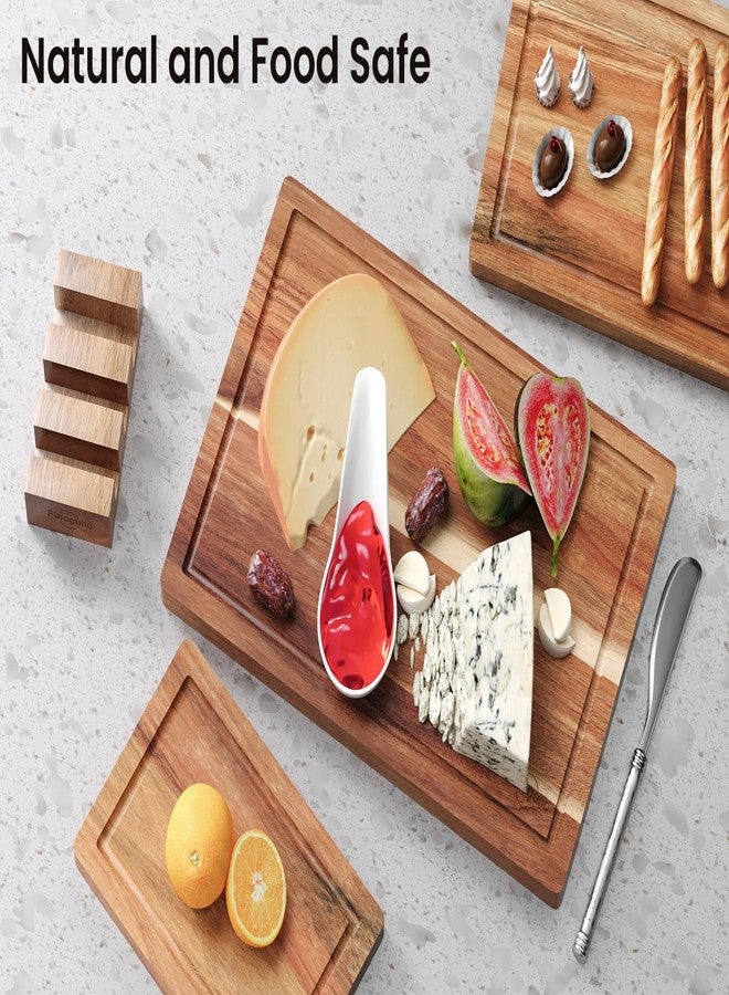 Fibogollo Acacia Wood Cutting Boards for Kitchen(Set of 3),Wooden Chopping Boards Set with Juice Groove,Serving Board with Holder,Butcher Block for Meat,Vegetables,Fruit - Image 2