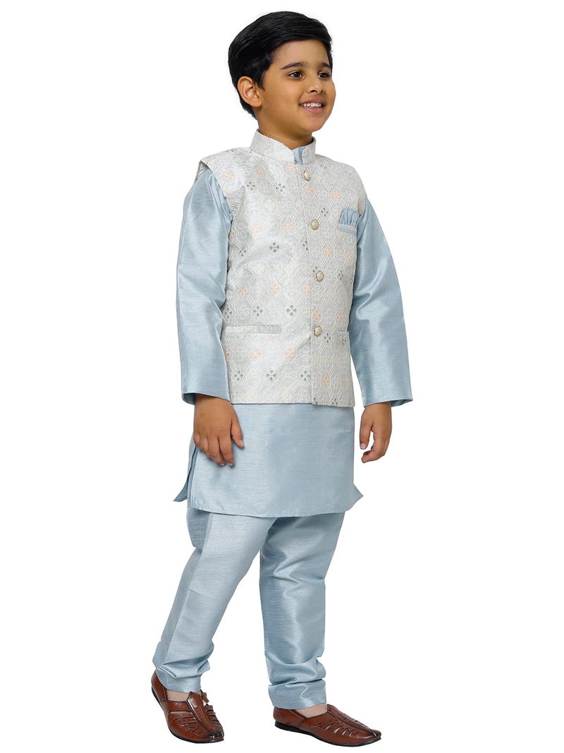 Pro-Ethic Style Developer Kurta Set Pajama For Kid'S Boys With Waistcoat Silk Floral (S-212), 9-10 Years, Light Blue - Image 3