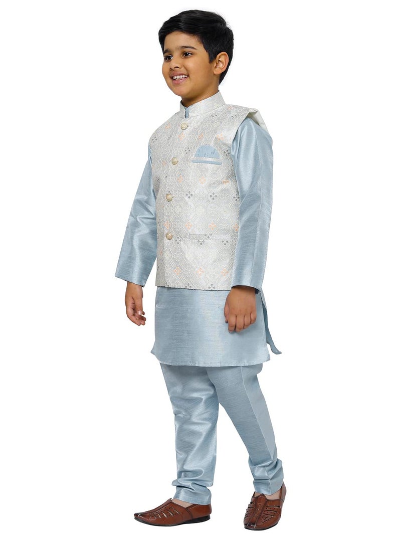 Pro-Ethic Style Developer Kurta Set Pajama For Kid'S Boys With Waistcoat Silk Floral (S-212), 9-10 Years, Light Blue - Image 2