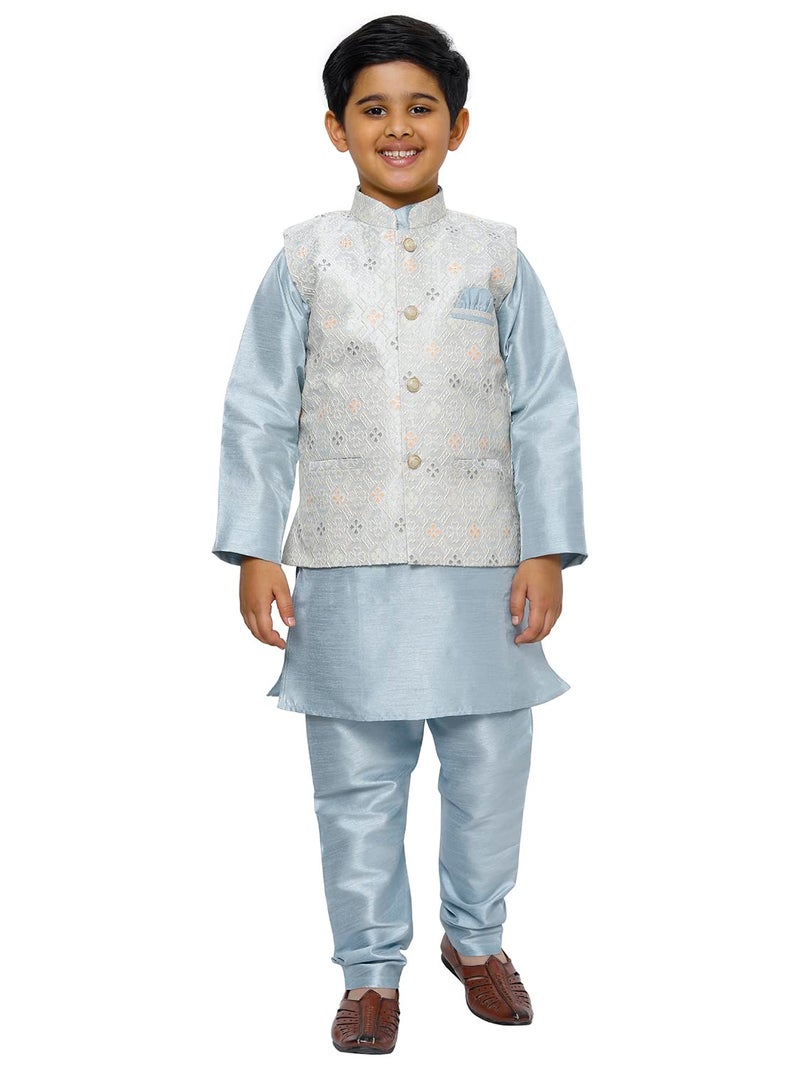 Pro-Ethic Style Developer Kurta Set Pajama For Kid'S Boys With Waistcoat Silk Floral (S-212), 9-10 Years, Light Blue - Image 1