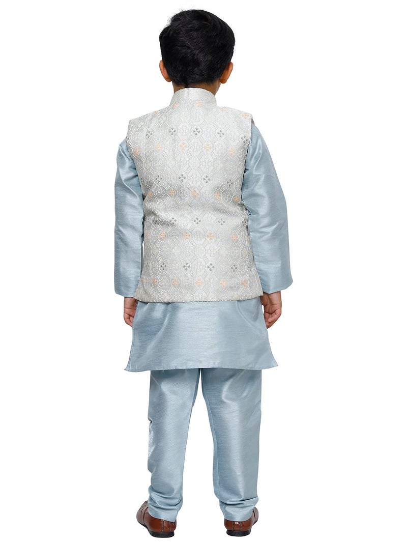 Pro-Ethic Style Developer Kurta Set Pajama For Kid'S Boys With Waistcoat Silk Floral (S-212), 9-10 Years, Light Blue - Image 4