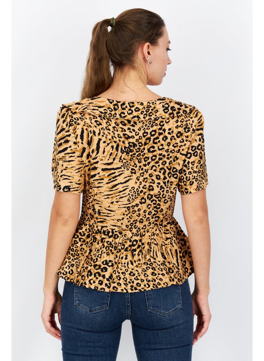 NA-KD - Women V-Neck Short Sleeves Animal Print Top, Black - Image 1