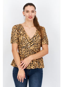 Women V-Neck Short Sleeves Animal Print Top, Black