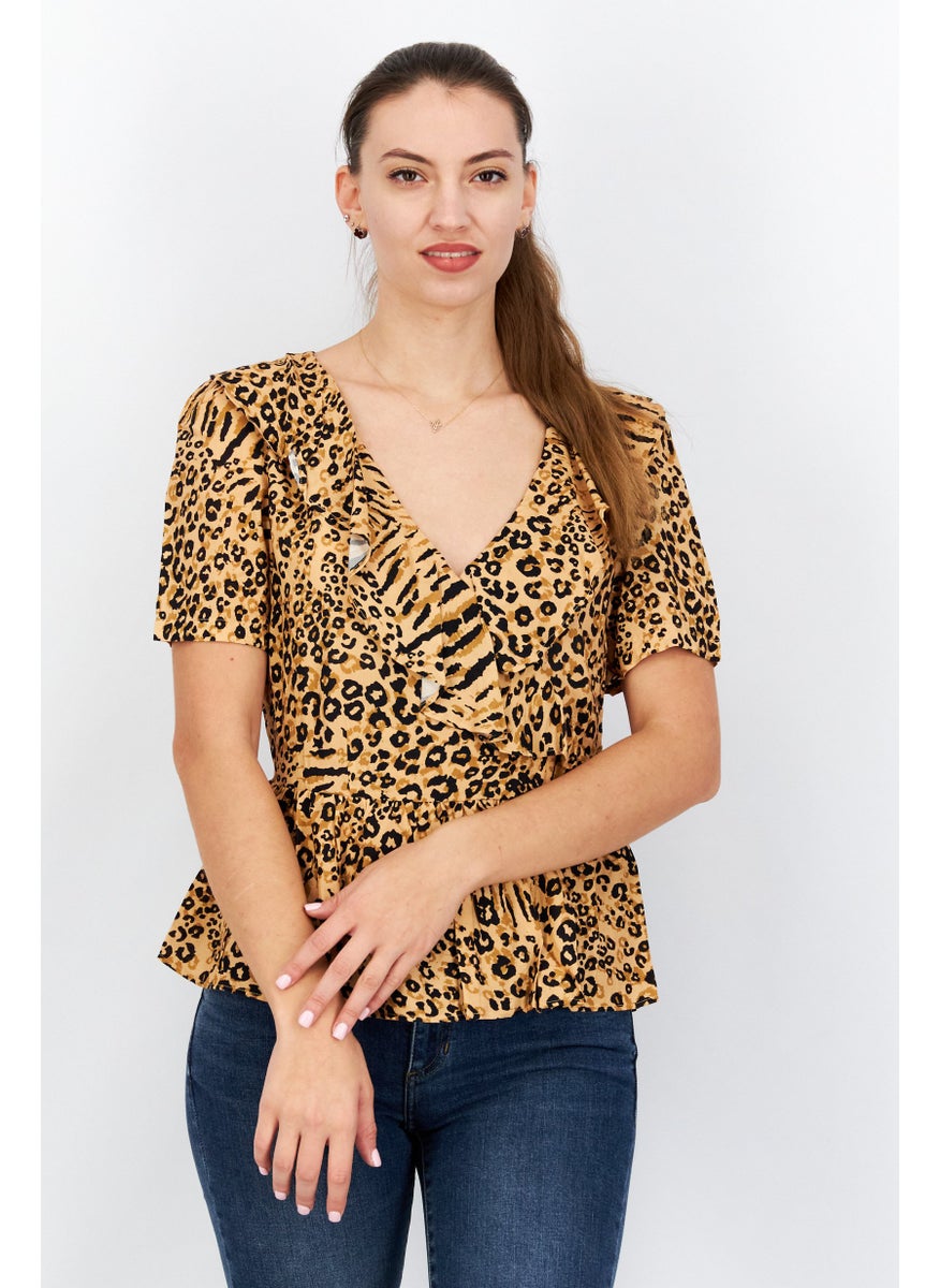 NA-KD - Women V-Neck Short Sleeves Animal Print Top, Black - Image 1