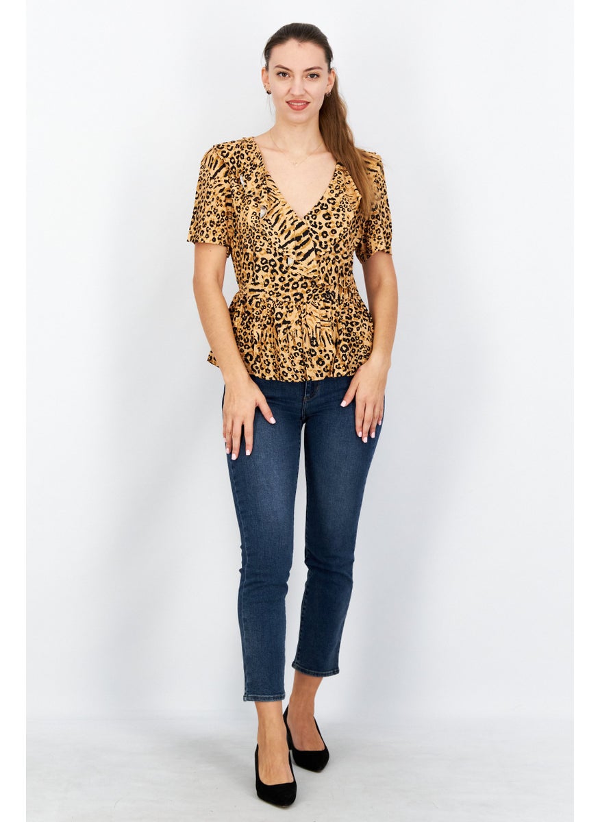 NA-KD - Women V-Neck Short Sleeves Animal Print Top, Black - Image 1