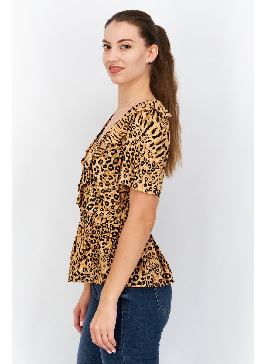 NA-KD - Women V-Neck Short Sleeves Animal Print Top, Black - Image 1