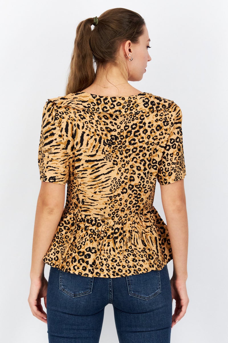 NA-KD Women V-Neck Short Sleeves Animal Print Top, Black - Image 2