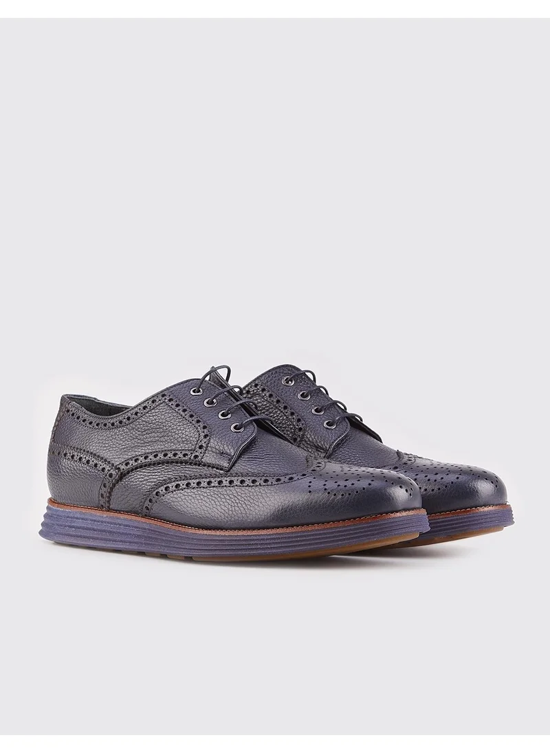 Cabani Genuine Leather Men's Navy Blue Lace-Up Casual Shoes