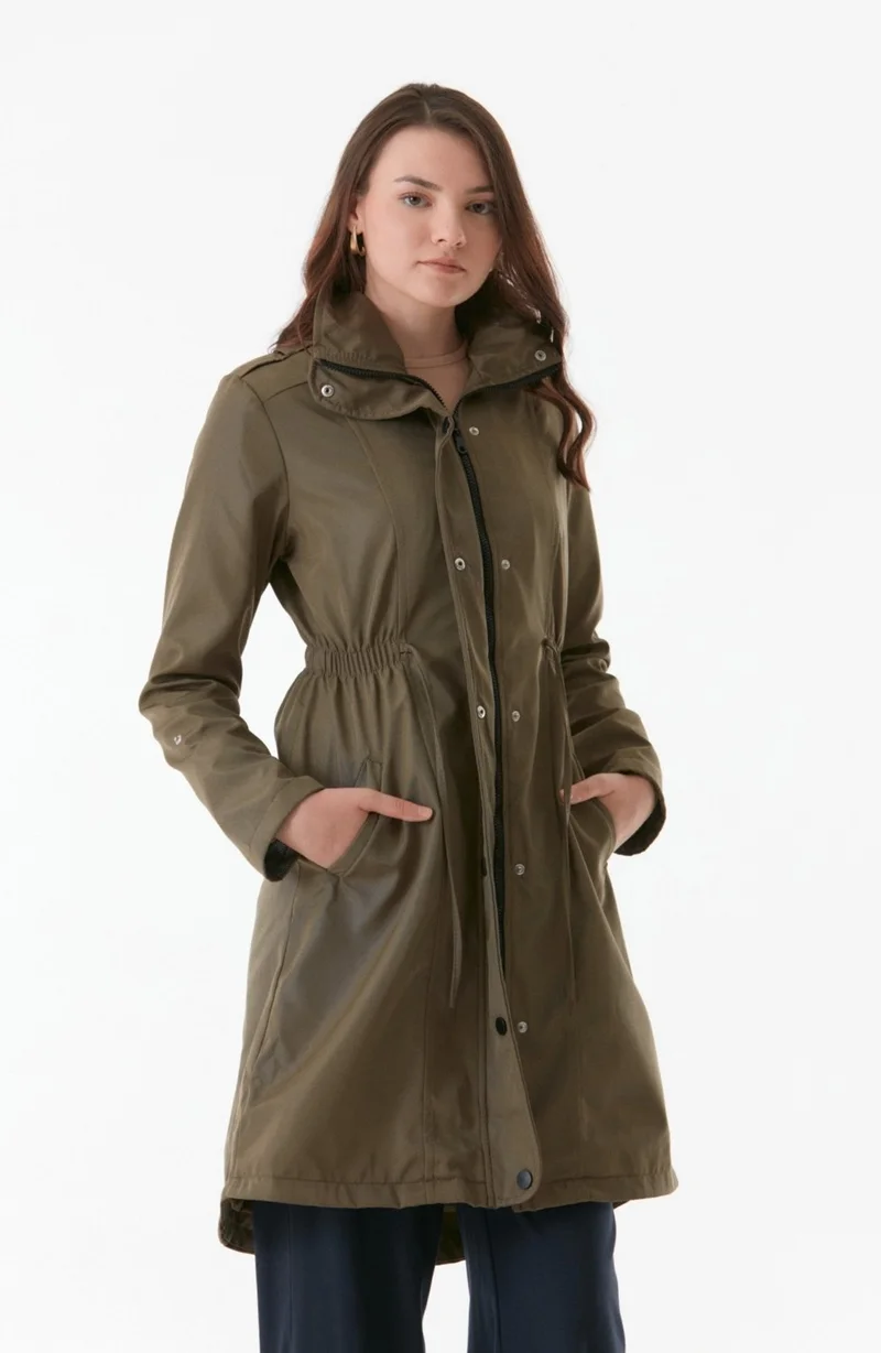 FullaModa Trench Coat with Folded Sleeves and Elastic Waist