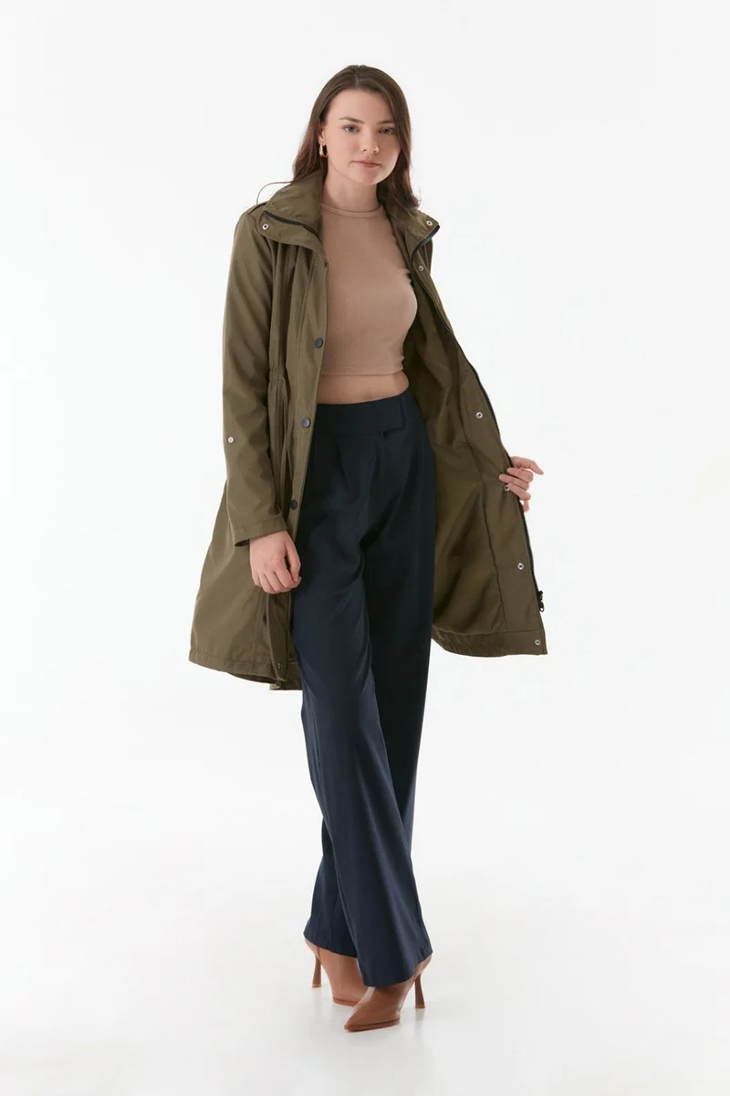 FullaModa Trench Coat with Folded Sleeves and Elastic Waist