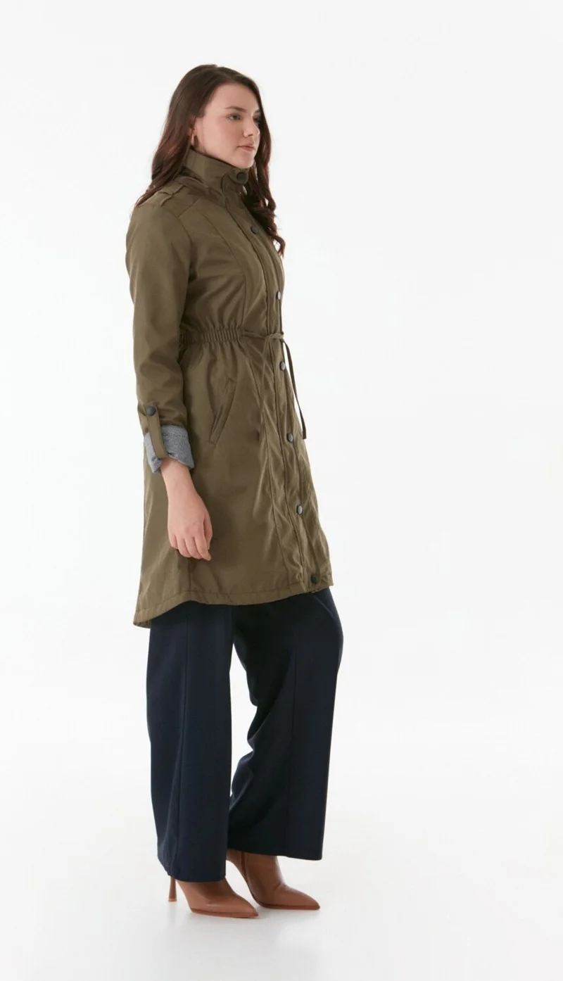 FullaModa Trench Coat with Folded Sleeves and Elastic Waist