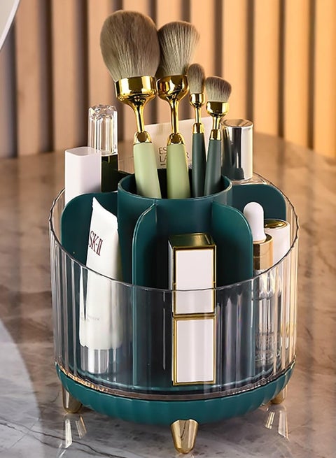 Rotating Makeup Organizer with 360-Degree Rotation - Vanity Spinning Organizer, Ample Space for Makeup Brushes, Accommodates 7 Slots for Makeup Brushes - Green