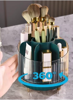 زورقون منظم مكياج دوار بزاوية 360 درجة - منظم دوار للتجميل على الطاولة، مكان واسع لحامل فرش المكياج، 7 فتحات تناسب فرش المكياج - أخضر  - Image 4