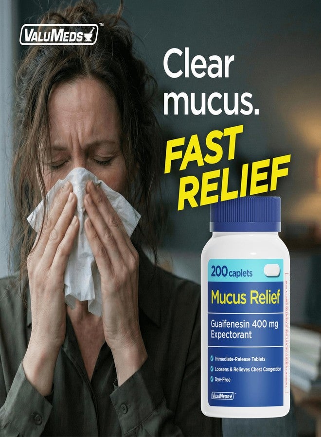 ValuMeds Mucus Relief Guaifenesin 400mg (200 Caplets) | Maximum Strength | Mucus Thinning for Colds, Chest Congestion, Flu, Coughing | Expectorant & Decongestant - Image 2