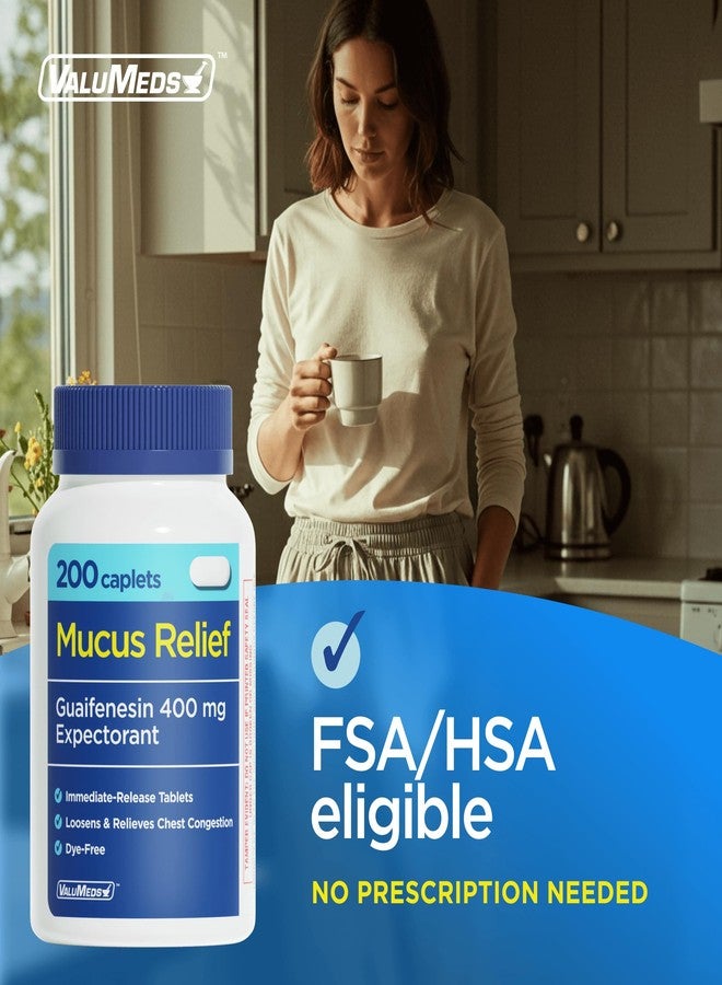 ValuMeds Mucus Relief Guaifenesin 400mg (200 Caplets) | Maximum Strength | Mucus Thinning for Colds, Chest Congestion, Flu, Coughing | Expectorant & Decongestant - Image 4