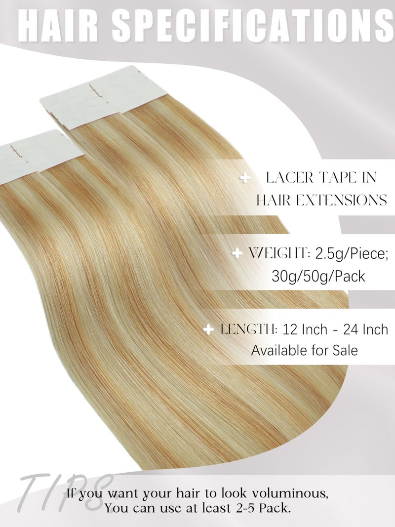 Lacerhair Natural Hair Extensions Remy Tape in Human Hair Extensions Dip Dyed Balayage Seamless PU Skin Weft 100% Real Virgin Hair Ombre Golden Blond Colour Double Side 50g 20pcs/set 36cm , P 12/60 - Image 2