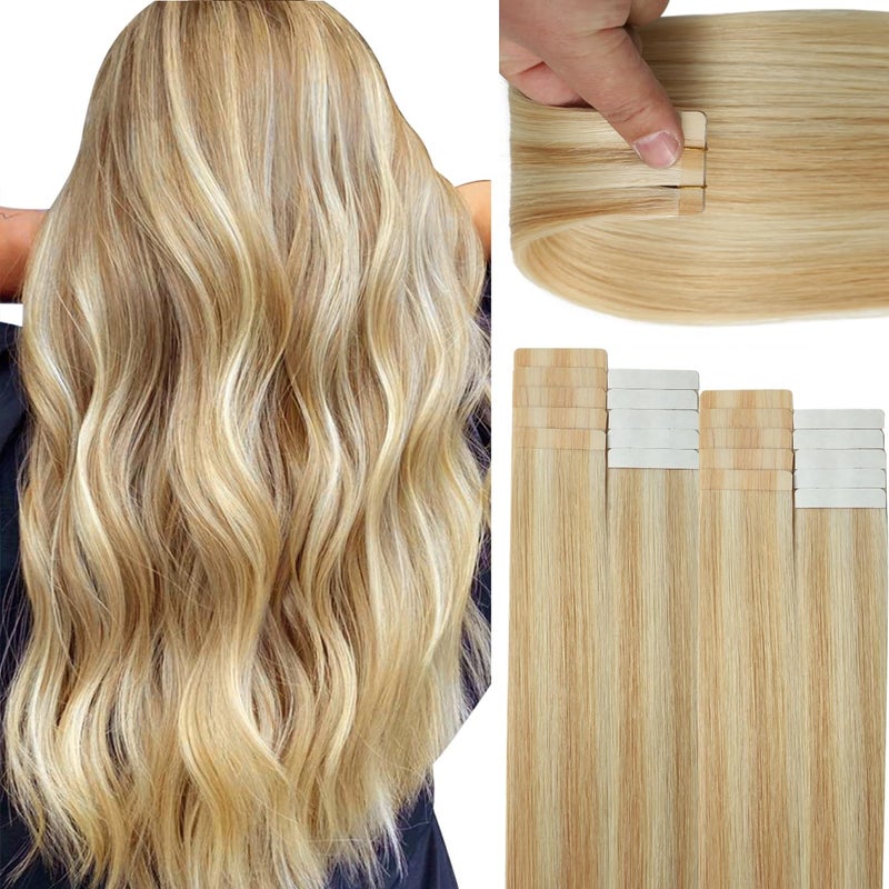 Lacerhair Natural Hair Extensions Remy Tape in Human Hair Extensions Dip Dyed Balayage Seamless PU Skin Weft 100% Real Virgin Hair Ombre Golden Blond Colour Double Side 50g 20pcs/set 36cm , P 12/60 - Image 1