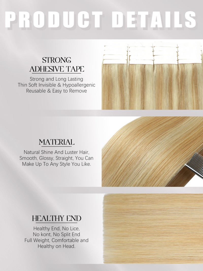 Lacerhair Natural Hair Extensions Remy Tape in Human Hair Extensions Dip Dyed Balayage Seamless PU Skin Weft 100% Real Virgin Hair Ombre Golden Blond Colour Double Side 50g 20pcs/set 36cm , P 12/60 - Image 3
