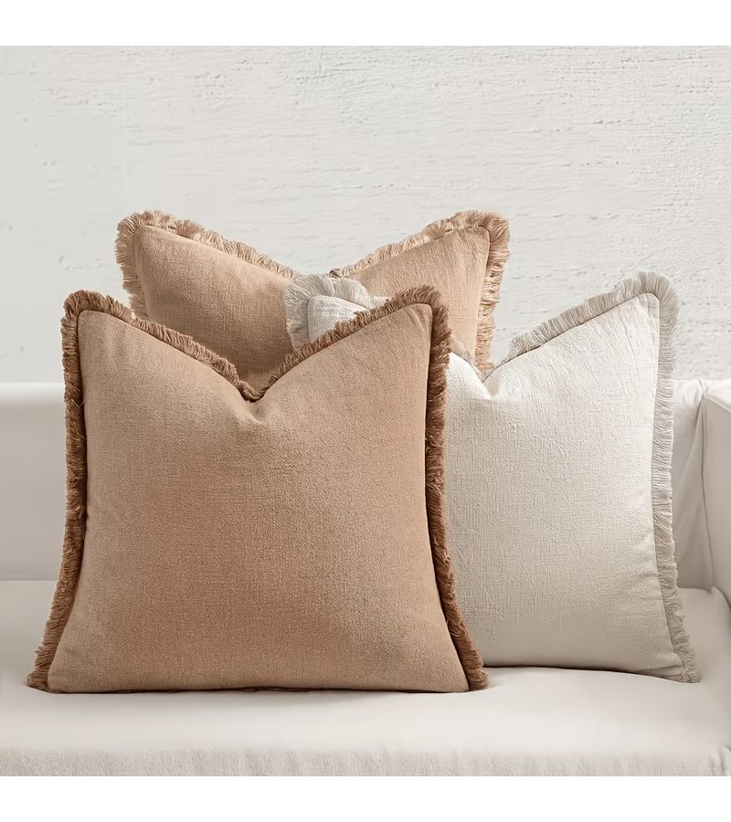 Beige 3pcs Tassel Pillow Set Bohemian Farmhouse Sofa Cushion Decor 45x45cm - Image 2