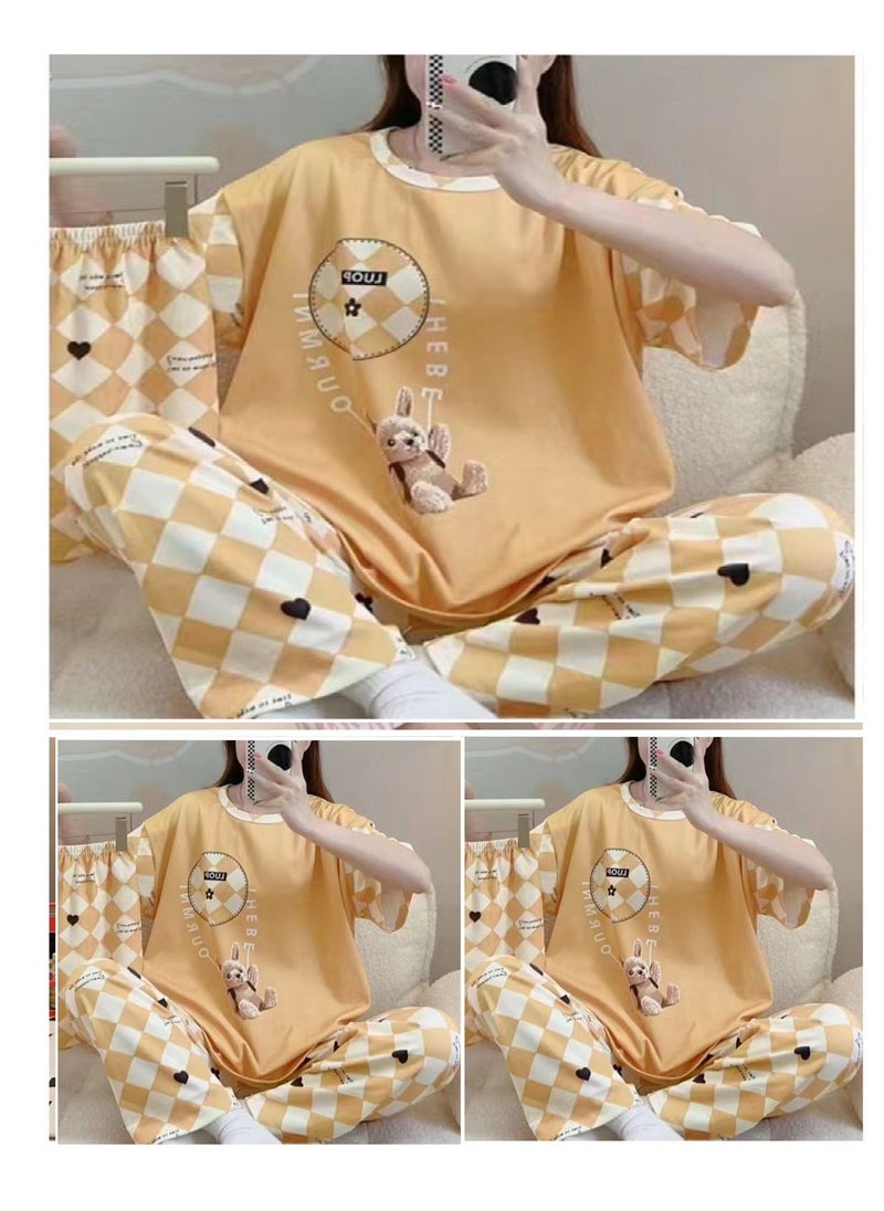BAIG - Short Sleeve Trousers 2 Pieces set Women's Nightwear Pajama & Shirt Cute Female  Summer Anime Nylon Cartoon Wear Outside Tracksuit Set - Image 1