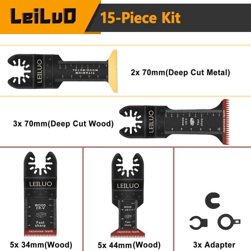 LEILUO 15 Pcs Oscillating Tool Blades Set Japanese Tooth & 70mm Extra Long Titanium Multitool Blades Fast Cut Oscillating Saw Blade for Wood & Metal Compatible with DeWalt Makita Milwaukee and More - Image 3