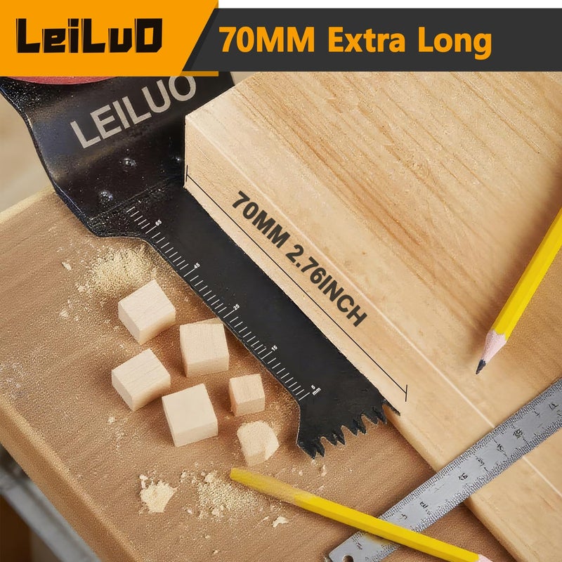 LEILUO 15 Pcs Oscillating Tool Blades Set Japanese Tooth & 70mm Extra Long Titanium Multitool Blades Fast Cut Oscillating Saw Blade for Wood & Metal Compatible with DeWalt Makita Milwaukee and More - Image 5