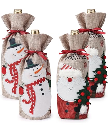 Mr. Pen Christmas Wine Bags - 4 Pack Burlap Wine Bottle Covers with Drawstring for Holidays - Image 1