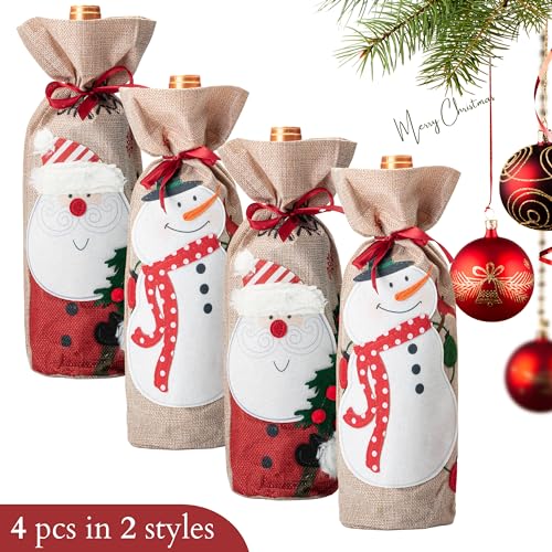 Mr. Pen Christmas Wine Bags - 4 Pack Burlap Wine Bottle Covers with Drawstring for Holidays - Image 2