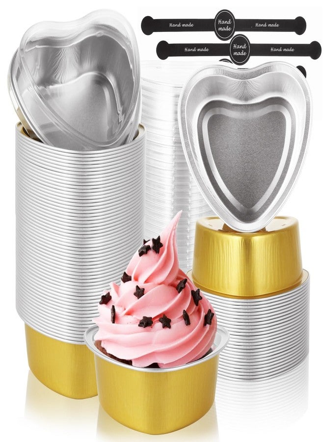 DNY Heart Shaped Cake Pans with Lids & Stickers – 50 Pack Gold Aluminum Foil Disposable Mini Cake Molds for Valentine’s Day, Mother’s Day, Wedding, Birthday, Baking & Gifts - Image 1