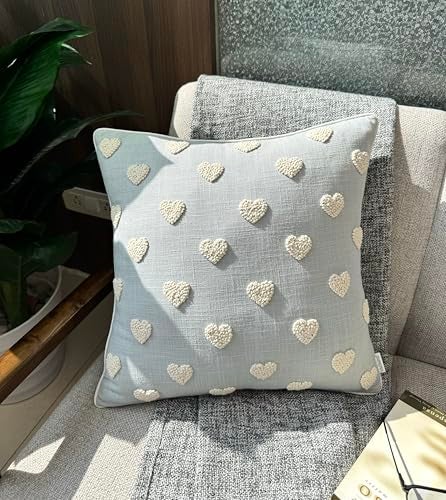 VAGMINE Hand Embroidered Valentine’s Day Gift Throw Pillow Cover - 18x18 Robins Egg Cotton - French Knotted Hearts - Image 1