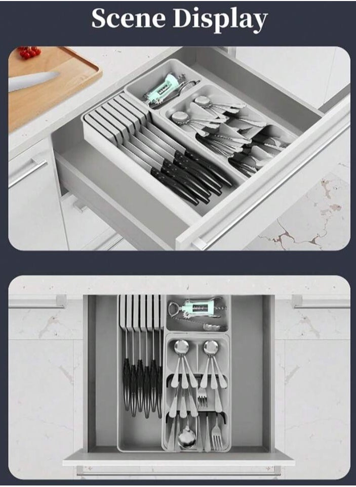 VIO Cutlery Tray Expandable Silverware Organizer Dinnerware Flatware Organizer with Knife Holder Drawer Storage Tray for Spoons Forks Knives Cooking Tools for Home Kitchen  - Image 4