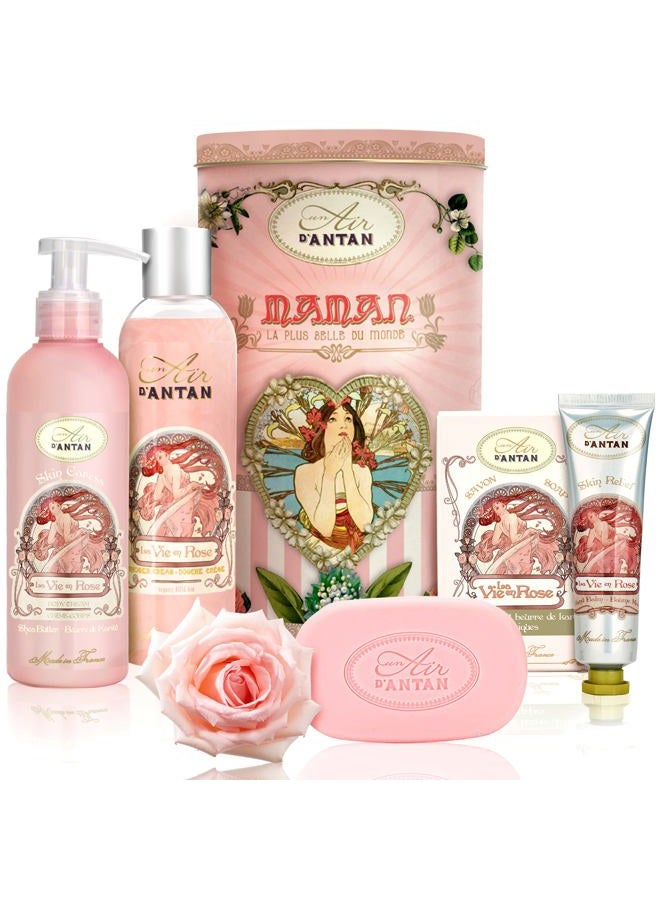 Un Air d'Antan هدايا السبا للنساء، سلة هدايا للنساء، مجموعة هدايا السبا، مجموعة هدايا للنساء، كريم يدين للنساء، هدايا للأم - 4 منتجات علبة طويلة (وردة) - Image 1