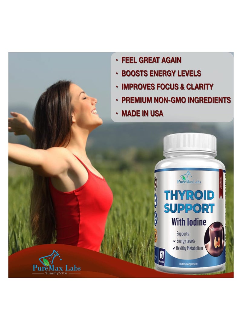 YUMMYVITE Thyroid Support with Iodine - Metabolism Booster, Energy Booster, Increase Focus - Premium Non-GMO Thyroid Supplement 60 Capsules