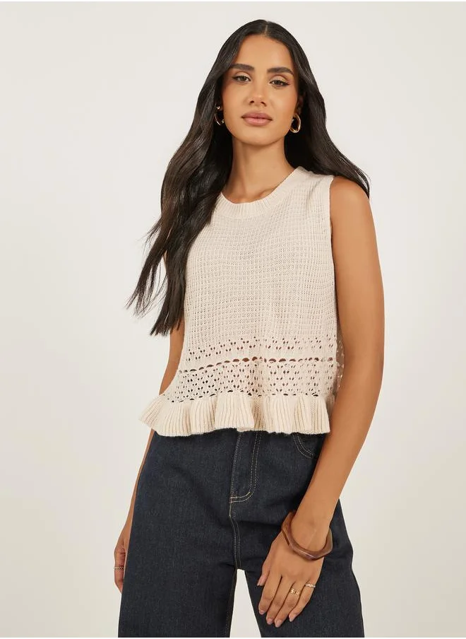 ستايلي Knitted Ruffled Hem Round Neck Top