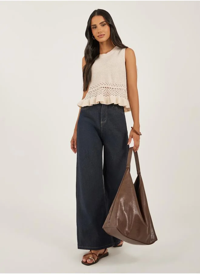 ستايلي Knitted Ruffled Hem Round Neck Top