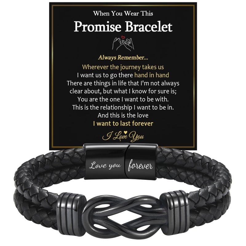 EPIRORA Promise Gifts for Men - 8.5" Black Braided Leather Infinity Knot Bracelets for Men Him, Personalized Mens Promise Bracelet Jewelry Gift Ideas Christmas Anniversary Birthday Gifts for Lover - Image 1