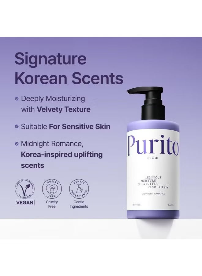 بوريتو لوشن الجسم بزبدة الشيا المرطبة والمشرقة من بوريتو، لطيف على البشرة، مرطب للبشرة الجافة، زجاجة مضخة، من منتجات كي بيوتي، 300 مل (رومانسية منتصف الليل، 10.14 أونصة سائلة) - Image 4