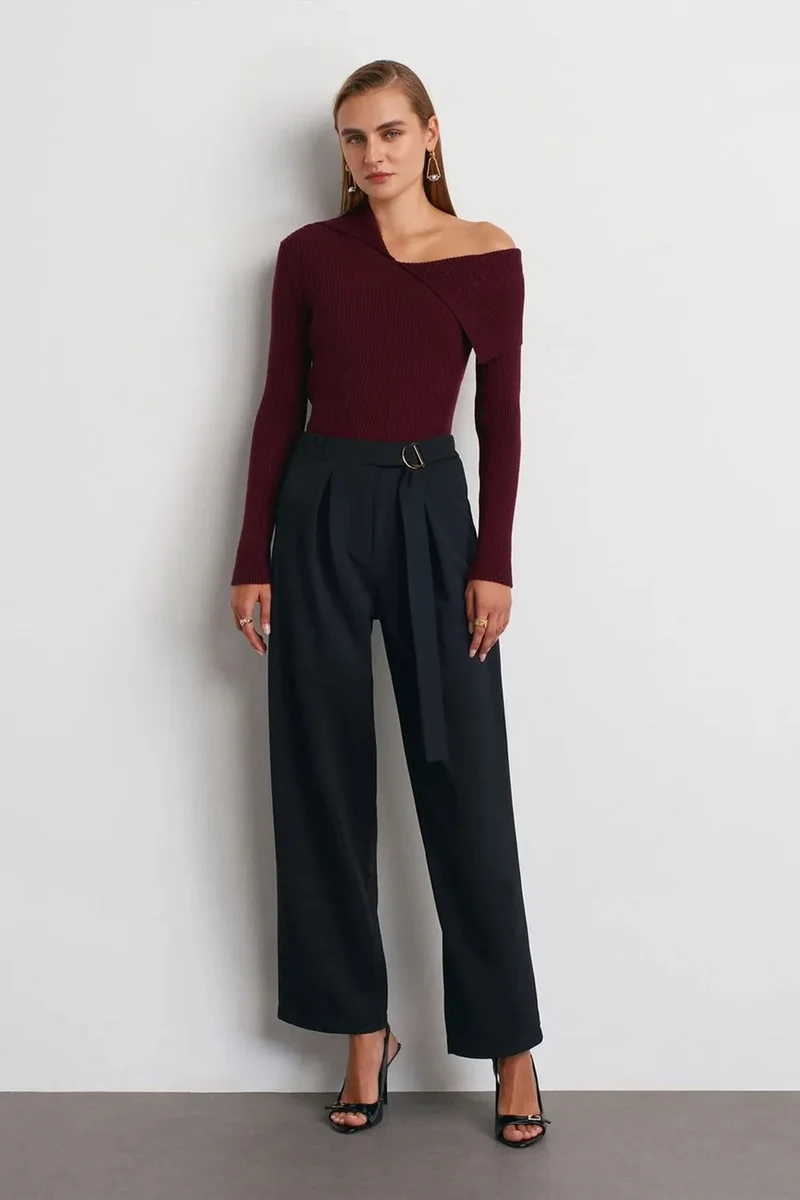 Dilvin Black DILVIN High-Waist Wide-Leg Crepe Trousers for Women | Best Price UAE