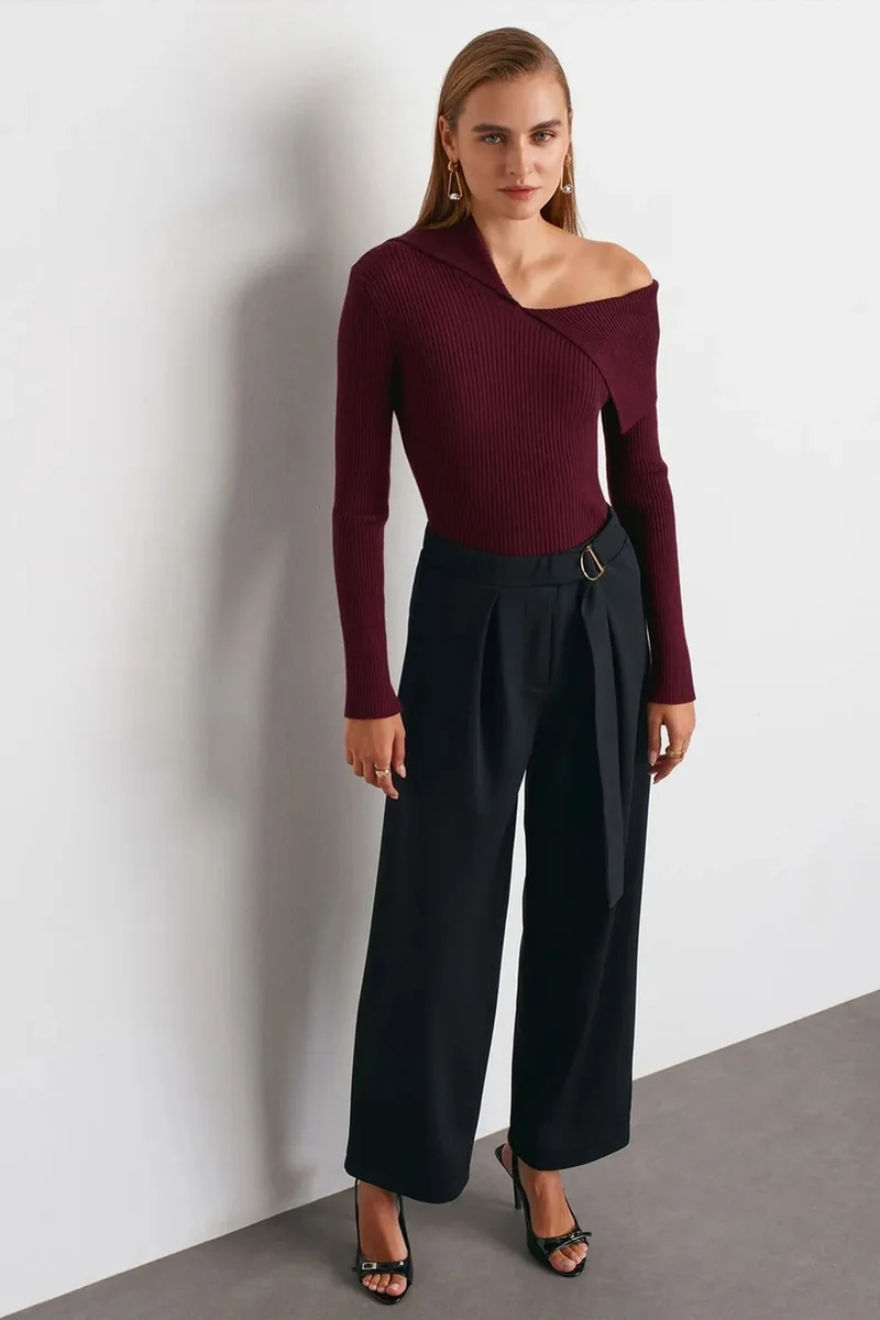 Dilvin Black DILVIN High-Waist Wide-Leg Crepe Trousers for Women | Best Price UAE