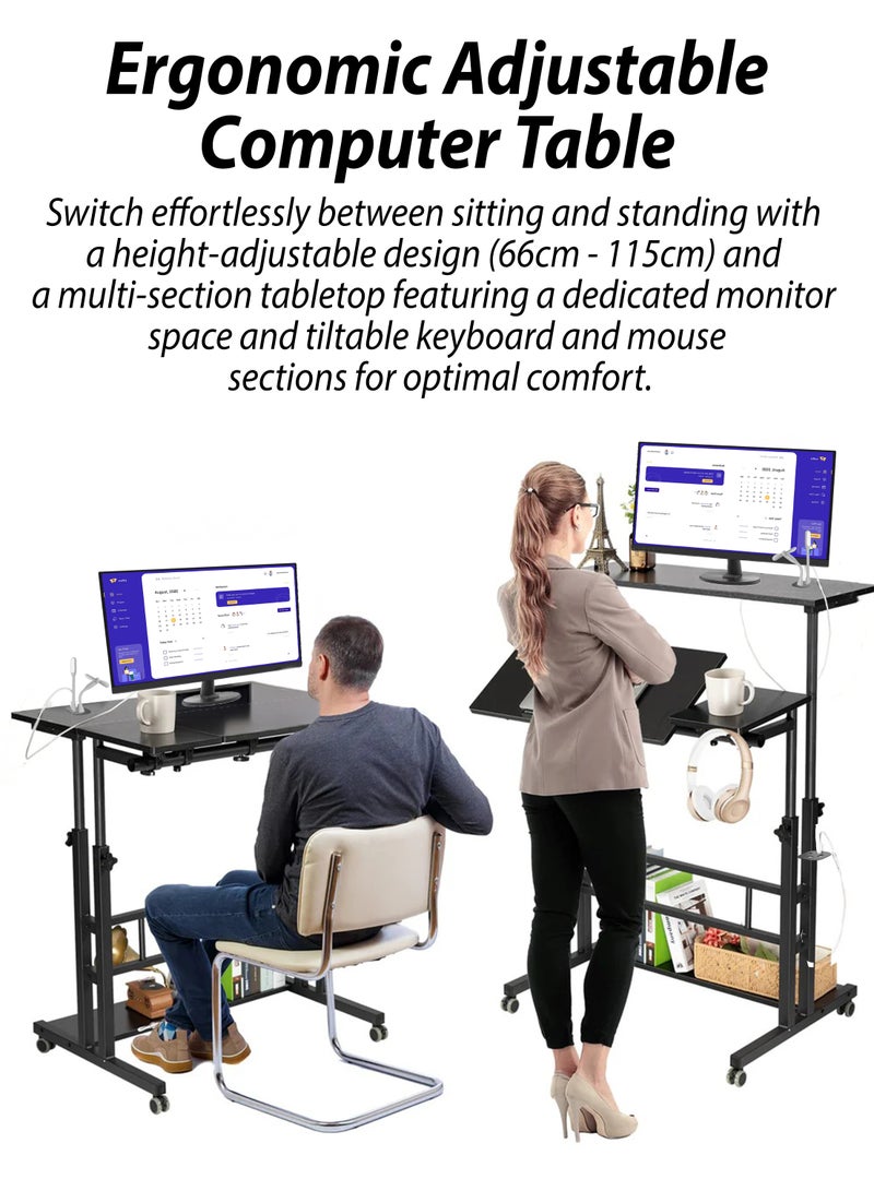 DBLEW Height Adjustable Sitting and Standing Computer Desk with Adjustable Height with 3 Desktops Tabletop, 360 Degree Rotating Workstation, Dual Tiltable Panels, 4 Port USB Charging Hub, Portable Mobile Rolling Laptop Desk with Lockable Wheels And Storage Shelf for Home Office Work Station Presentation Cart School Classroom & Gaming Stand Up Table  - Image 2