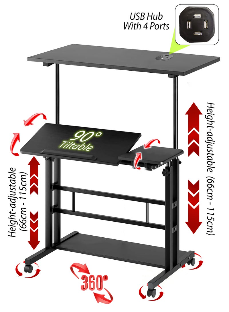 DBLEW Height Adjustable Sitting and Standing Computer Desk with Adjustable Height with 3 Desktops Tabletop, 360 Degree Rotating Workstation, Dual Tiltable Panels, 4 Port USB Charging Hub, Portable Mobile Rolling Laptop Desk with Lockable Wheels And Storage Shelf for Home Office Work Station Presentation Cart School Classroom & Gaming Stand Up Table  - Image 3