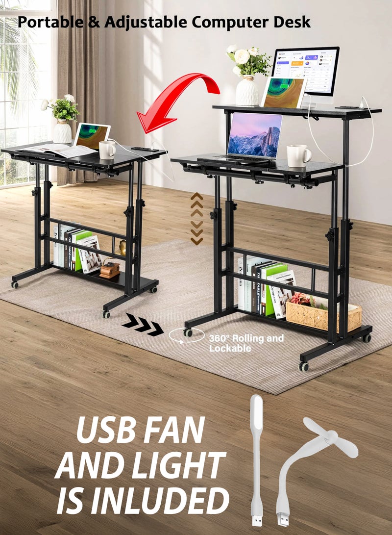 DBLEW Height Adjustable Sitting and Standing Computer Desk with Adjustable Height with 3 Desktops Tabletop, 360 Degree Rotating Workstation, Dual Tiltable Panels, 4 Port USB Charging Hub, Portable Mobile Rolling Laptop Desk with Lockable Wheels And Storage Shelf for Home Office Work Station Presentation Cart School Classroom & Gaming Stand Up Table  - Image 4