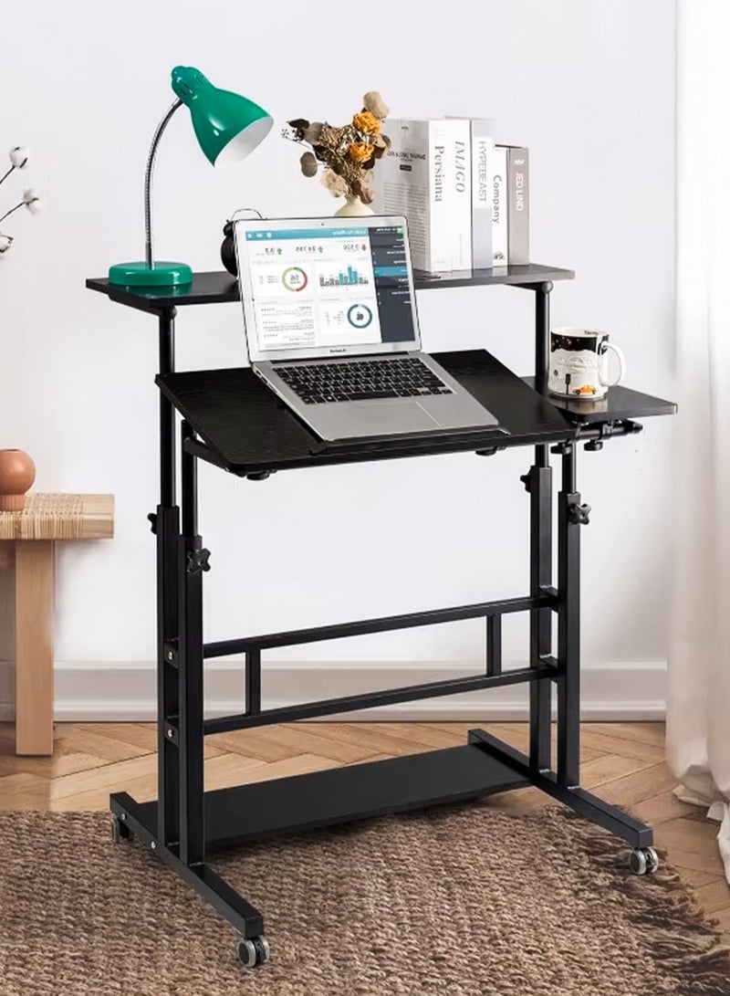DBLEW Height Adjustable Sitting and Standing Computer Desk with Adjustable Height with 3 Desktops Tabletop, 360 Degree Rotating Workstation, Dual Tiltable Panels, 4 Port USB Charging Hub, Portable Mobile Rolling Laptop Desk with Lockable Wheels And Storage Shelf for Home Office Work Station Presentation Cart School Classroom & Gaming Stand Up Table  - Image 5