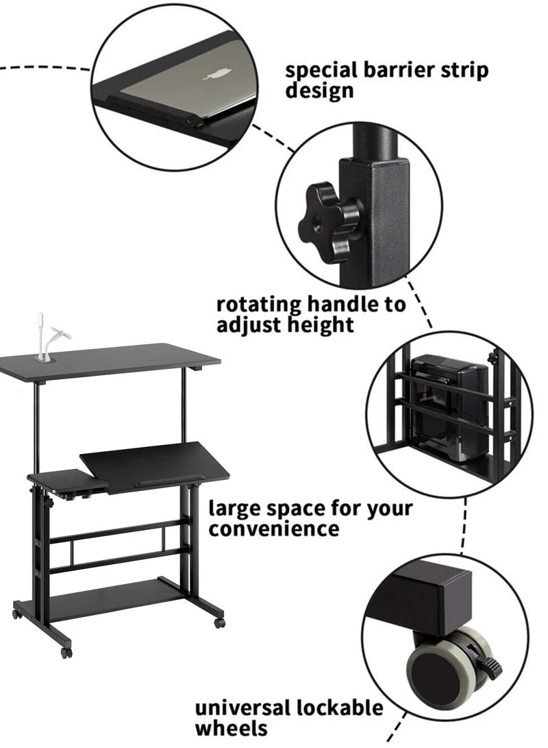 Height Adjustable Sitting and Standing Computer Desk with Adjustable Height with 3 Desktops Tabletop, 360 Degree Rotating Workstation, Dual Tiltable Panels, 4 Port USB Charging Hub, Portable Mobile Rolling Laptop Desk with Lockable Wheels And Storage Shelf for Home Office Work Station Presentation Cart School Classroom & Gaming Stand Up Table