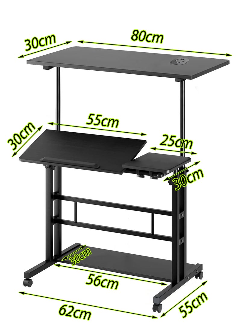Height Adjustable Sitting and Standing Computer Desk with Adjustable Height with 3 Desktops Tabletop, 360 Degree Rotating Workstation, Dual Tiltable Panels, 4 Port USB Charging Hub, Portable Mobile Rolling Laptop Desk with Lockable Wheels And Storage Shelf for Home Office Work Station Presentation Cart School Classroom & Gaming Stand Up Table