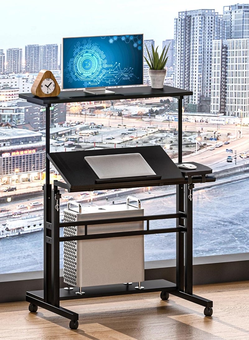 Height Adjustable Sitting and Standing Computer Desk with Adjustable Height with 3 Desktops Tabletop, 360 Degree Rotating Workstation, Dual Tiltable Panels, 4 Port USB Charging Hub, Portable Mobile Rolling Laptop Desk with Lockable Wheels And Storage Shelf for Home Office Work Station Presentation Cart School Classroom & Gaming Stand Up Table