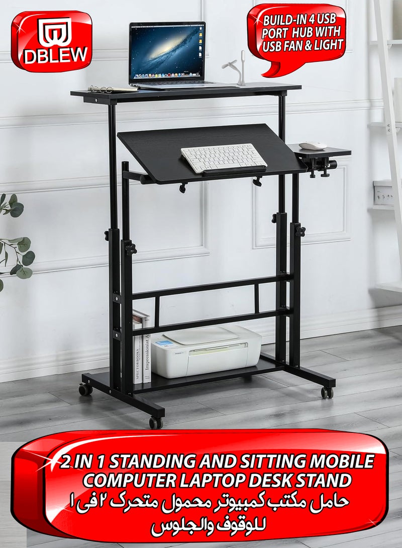 DBLEW Height Adjustable Sitting and Standing Computer Desk with Adjustable Height with 3 Desktops Tabletop, 360 Degree Rotating Workstation, Dual Tiltable Panels, 4 Port USB Charging Hub, Portable Mobile Rolling Laptop Desk with Lockable Wheels And Storage Shelf for Home Office Work Station Presentation Cart School Classroom & Gaming Stand Up Table  - Image 1